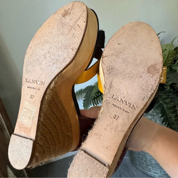 Lanvin Espadrille Leather Wedge Sandal Ankle Strap Paris 37 Multicolor Emboss - Picture 7 of 9